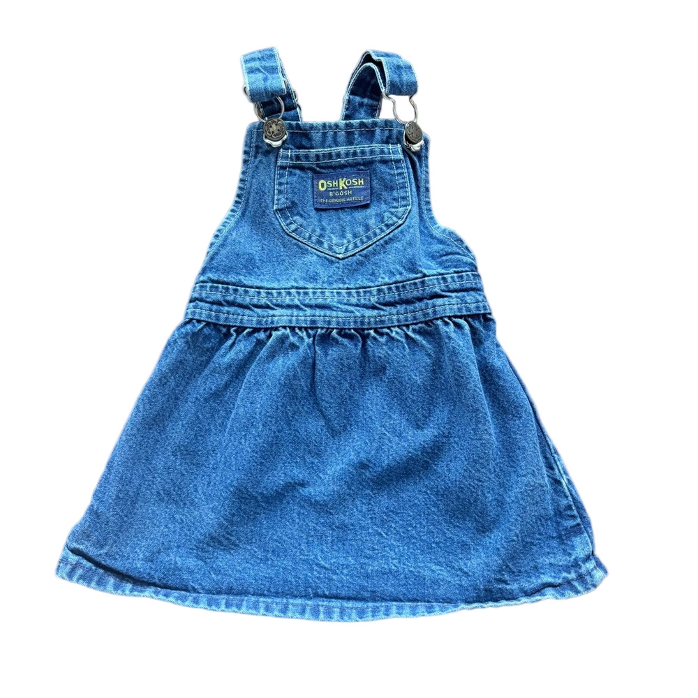 Vintage OshKosh B'gosh Kids Bay Girl Blue Denim Overalls Skirt Dress Size 24M